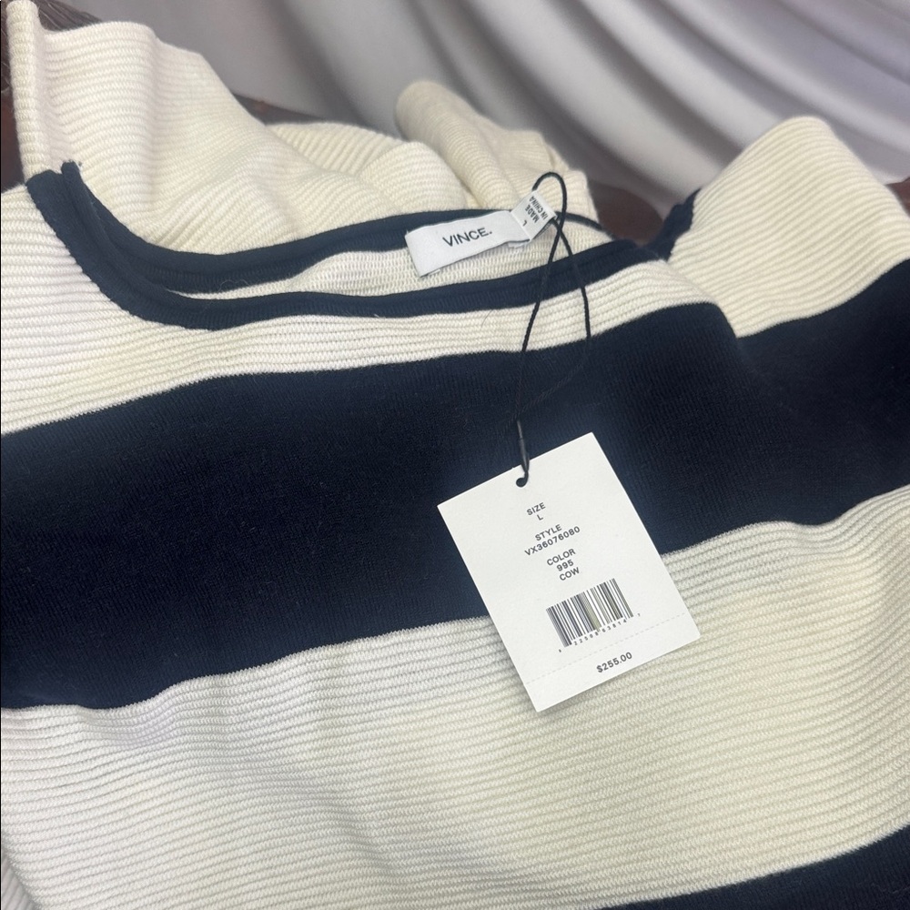 Vince Black and Cream Striped Knit Top
